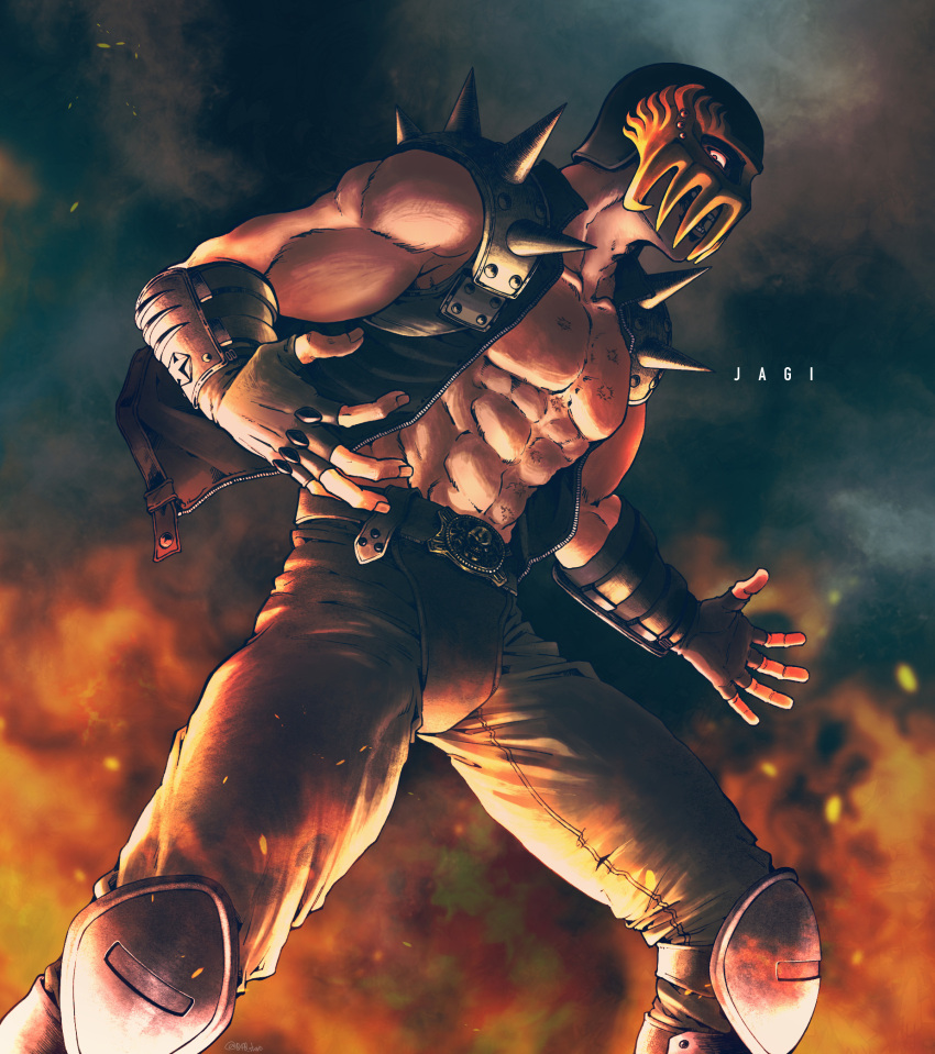 040shao, 1boy, abs, arm_guards, belt, black_jacket, brown_gloves, brown_pants