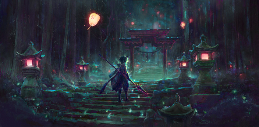 1boy, artist_name, aura, commentary, english_commentary, facing_away, forest, genshin_impact, glowing, green_hair, highres, holding, holding_polearm, holding_spear, holding_weapon, lantern, male_focus, mask, nature, night, outdoors, paifang, paper_lantern, polearm, scenery, short_hair, signature, solo, spear, stairs, standing, stone_lantern, tree, vtasart, weapon, wide_shot, xiao_(genshin_impact)
