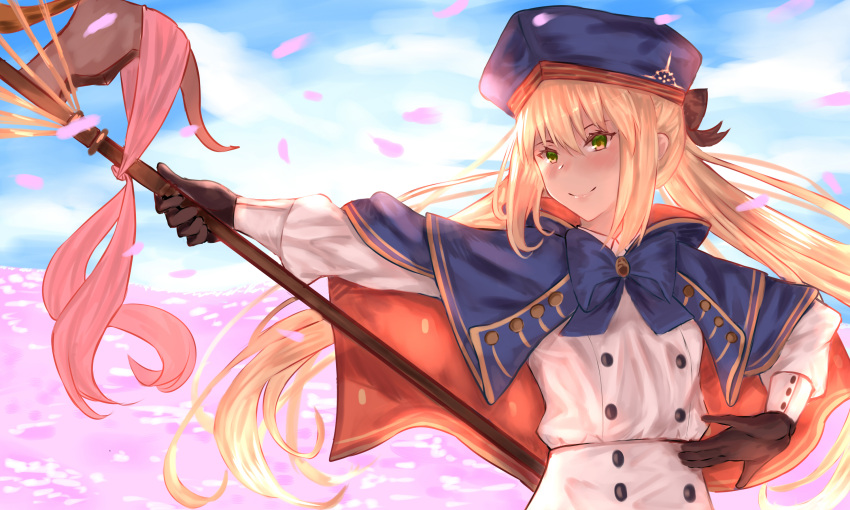 1girl, artoria_pendragon_(all), artoria_pendragon_(caster)_(fate), bakaichisan, black_ribbon, blonde_hair, blue_cape, blue_sky, blush, brown_gloves, buttons, cape, capelet, clouds, double-breasted, fate/grand_order, fate_(series), gloves, green_eyes, hair_between_eyes, hat, highres, long_hair, neck_ribbon, petals, ponytail, ribbon, sky, smile, solo, staff