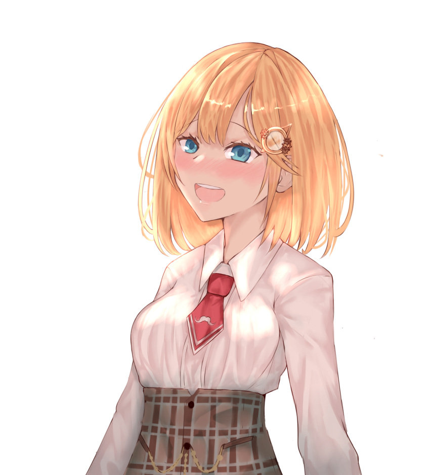 1girl, bakaichisan, blonde_hair, blue_eyes, blush, high-waist_skirt, highres, hololive