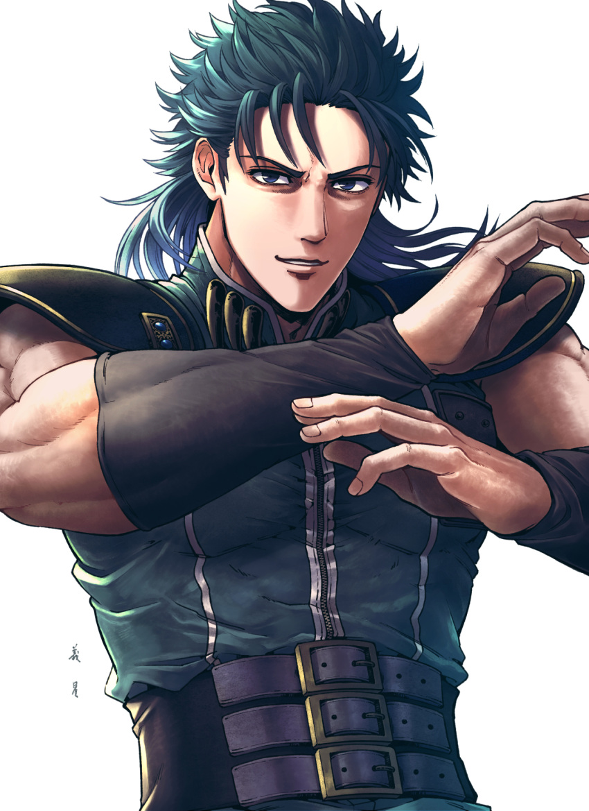040shao, 1boy, arm_warmers, arms_up, bangs, belt, blue_eyes, blue_hair, commentary_request, green_shirt, highres, hokuto_no_ken, looking_at_viewer, male_focus, medium_hair, multiple_belts, muscular, muscular_male, parted_lips, rei_(hokuto_no_ken), shirt, shoulder_pads, simple_background, sleeveless, sleeveless_shirt, solo, upper_body, white_background