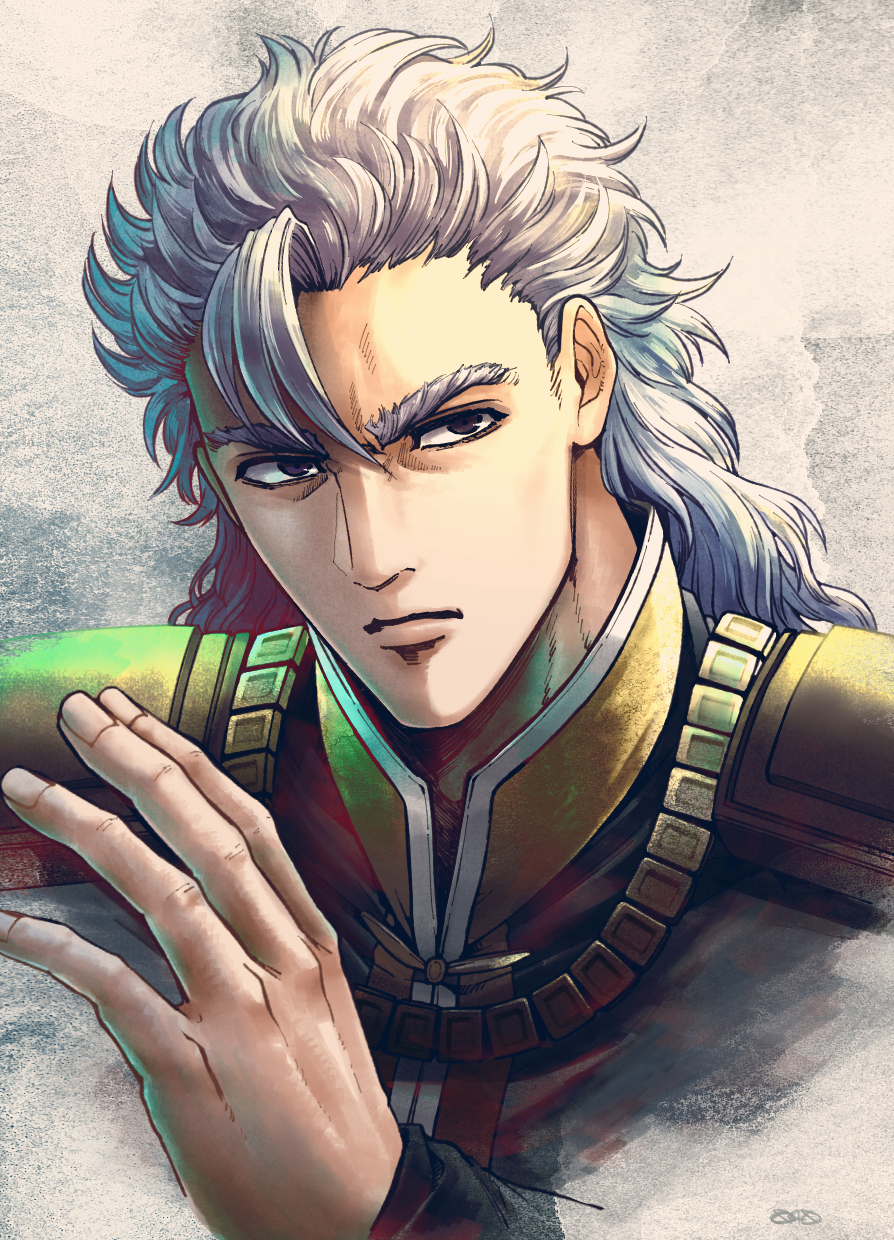040shao, 1boy, bangs, black_shirt, closed_mouth, commentary, hand_up, highres