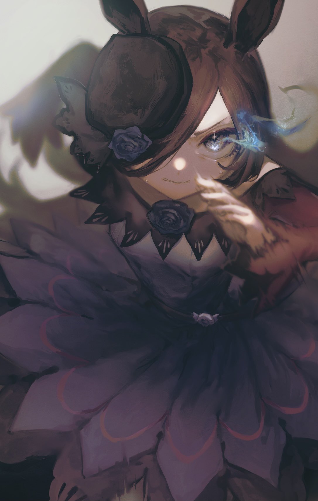 1girl, animal_ears, bare_shoulders, black_dress, black_headwear, blue_flower, blue_rose, brown_hair