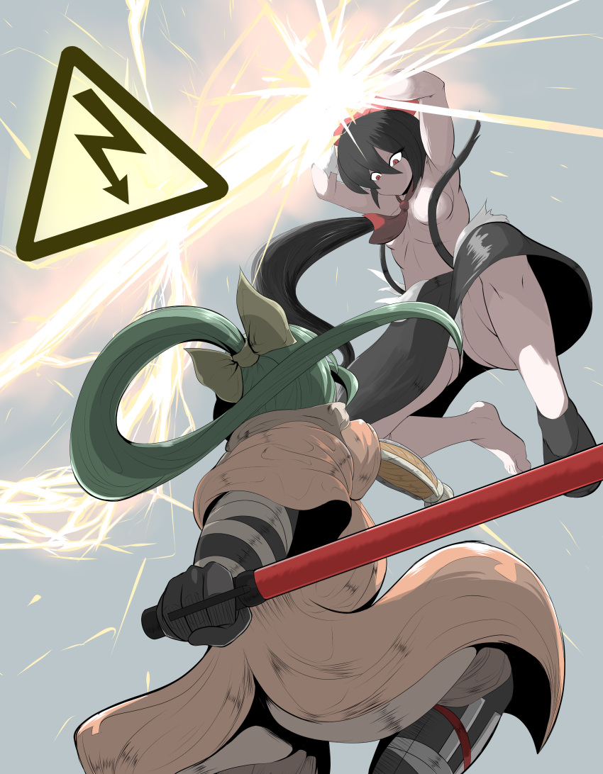 2girls, absurdres, armpits, arms_up, ascot, bangs, black_footwear, black_hair, black_skirt, bow, brown_kimono, commentary_request, convenient_censoring, cookie_(touhou), cosplay, daiyousei, diyusi_(cookie), electricity, fighting, full_body, hair_bow, highres, japanese_clothes, kimono, lightning_bolt, long_hair, looking_at_another, looking_down, multiple_girls, no_mouth, panties, parody, ponytail, red_bow, red_eyes, red_neckwear, rnt_(251139), road_sign, sekiro, sekiro:_shadows_die_twice, sekiro_(cosplay), shirt, shoes, sign, single_shoe, siyudi_(cookie), skirt, suspenders, torn_clothes, torn_shirt, touhou, traffic_baton, underwear, white_panties, white_shirt, yellow_bow