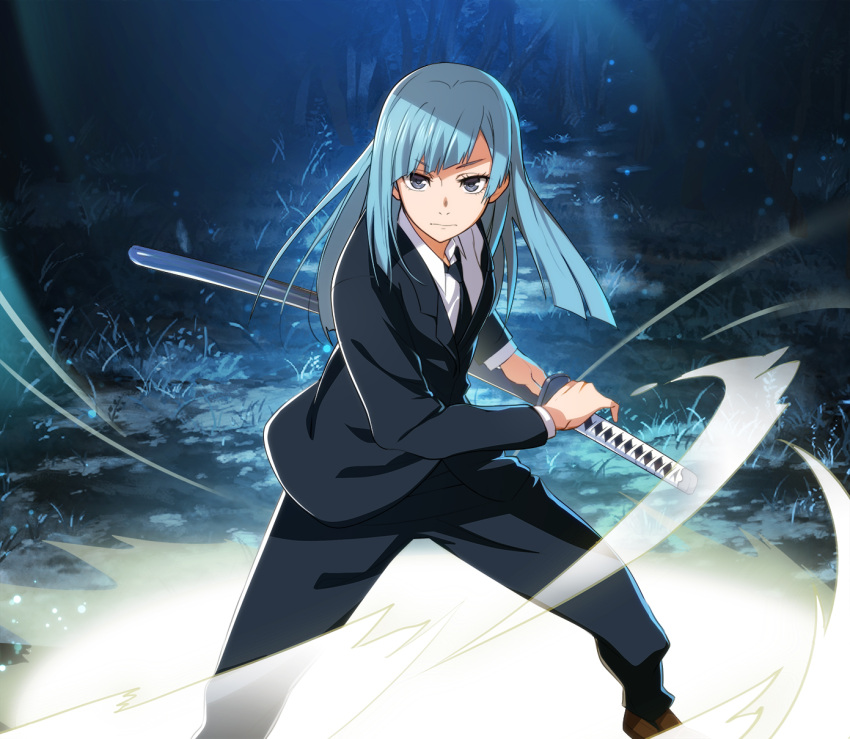 1girl, aura, black_eyes, black_jacket, black_neckwear, black_pants, black_suit, breasts