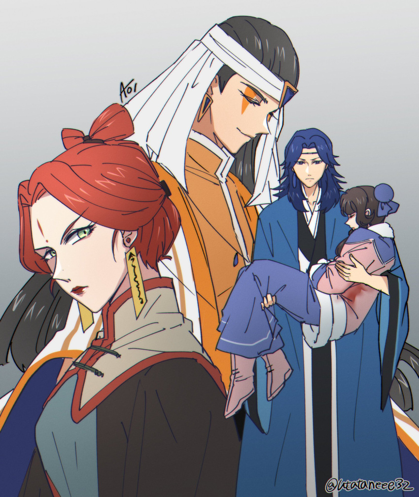 2boys, 2girls, black_hair, blue_hair, carrying, closed_eyes, earrings, grey_background