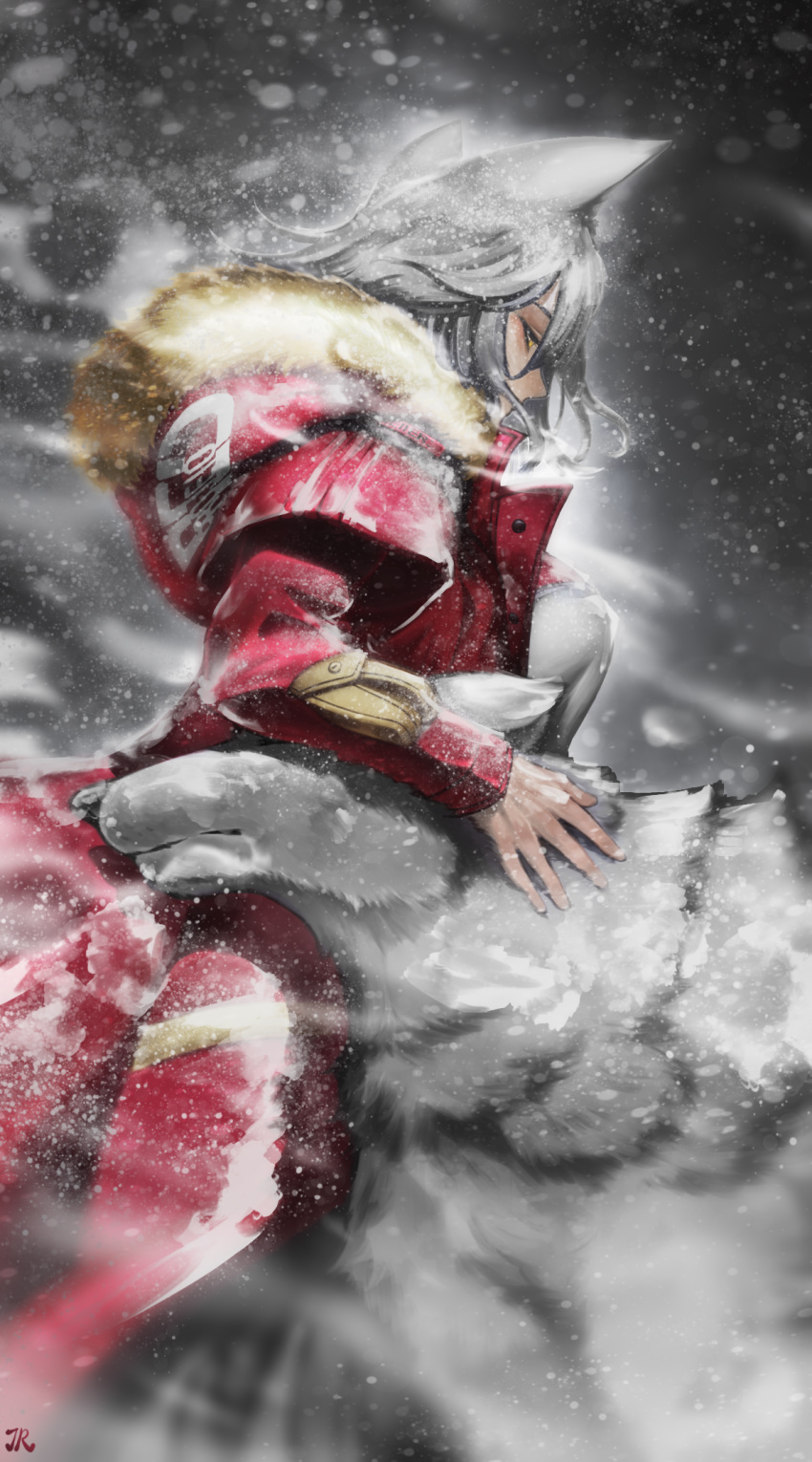 1girl, animal_ears, arknights, birdrawdream, blizzard, commentary_request, fur-trimmed_hood, fur_trim