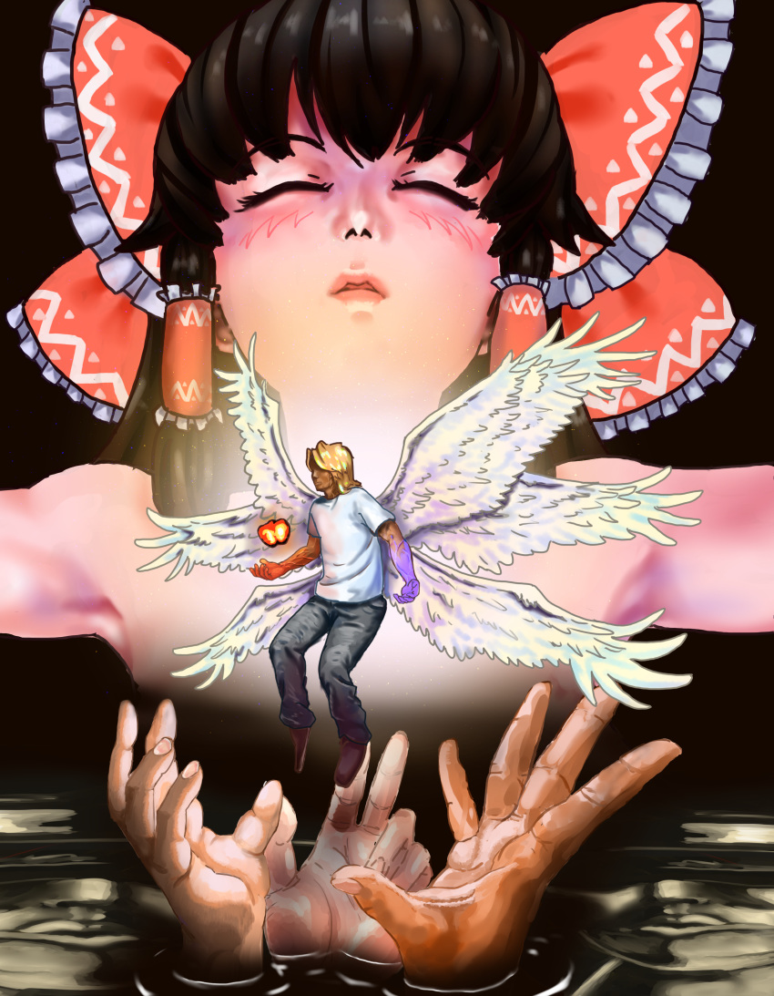 1boy, 1girl, absurdres, angel_wings, bangs, black_background, black_pants, blonde_hair