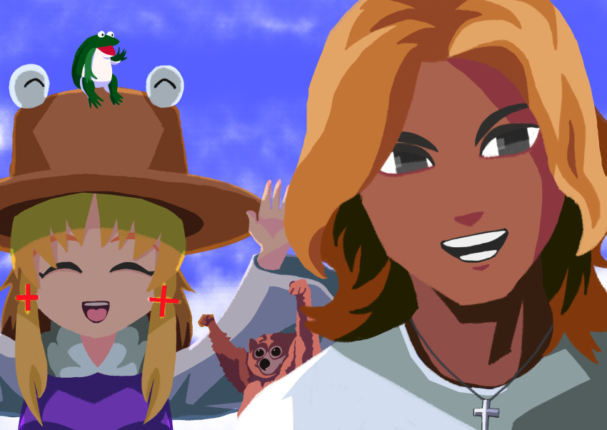 1boy, 1girl, absurdres, animal, bangs, blonde_hair, blue_sky, brown_headwear