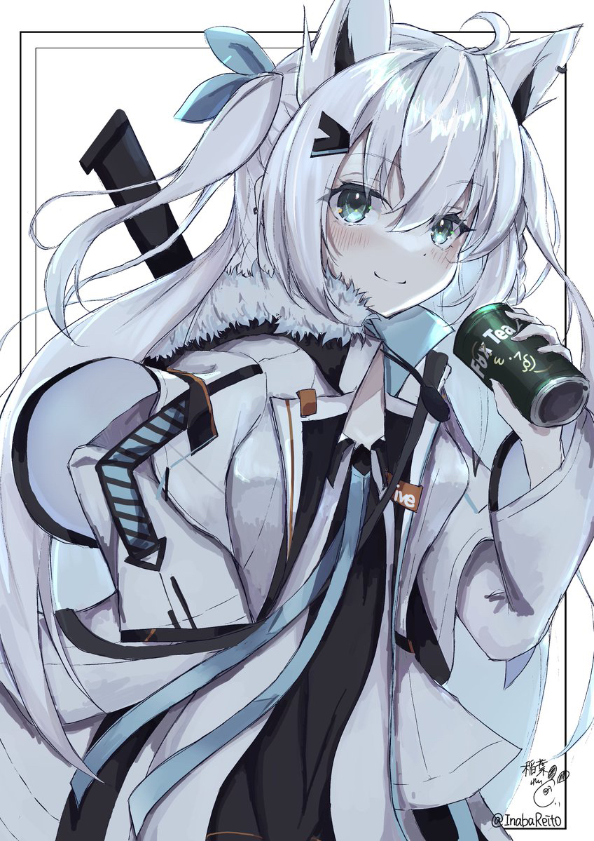 1girl, ahoge, animal_ears, artist_name, black_dress, blue_bow, blush, border