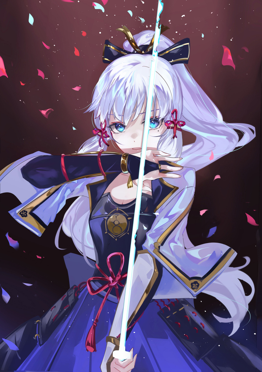 1girl, arm_guards, armor, bangs, blue_eyes, blue_skirt, breastplate, bridal_gauntlets