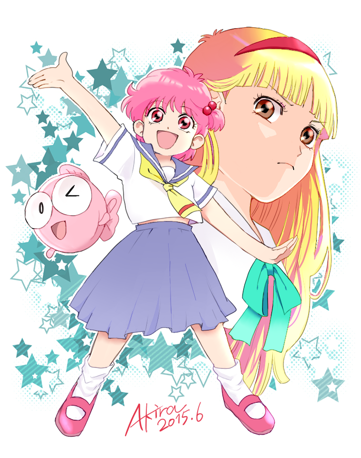 2girls, :d, arm_up, bangs, blonde_hair, blue_sailor_collar, blue_skirt, blunt_bangs