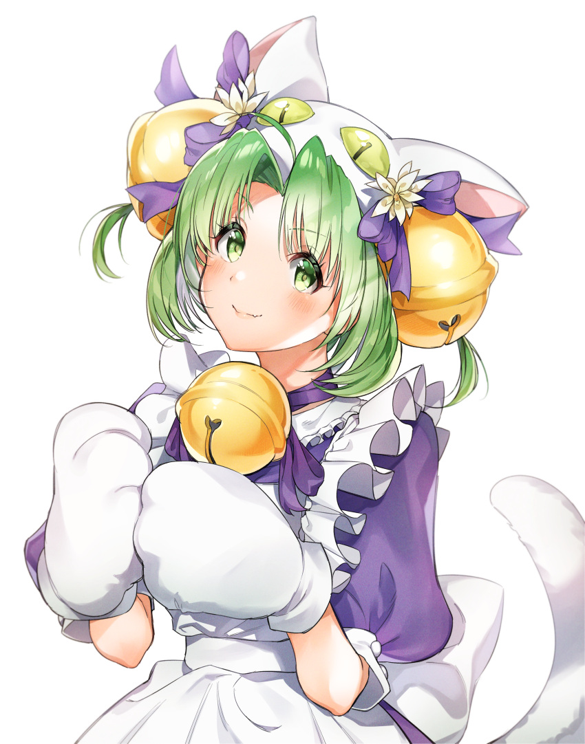 1girl, absurdres, animal_ears, animal_hat, apron, back_bow, bangs, bell, bow, cat_ears, cat_hat, cat_paws, cat_tail, choker, dejiko, di_gi_charat, dress, eyes_visible_through_hair, fang, flower_ornament, frilled_apron, frills, green_eyes, green_hair, hair_bell, hair_ornament, hat, highres, jingle_bell, looking_at_viewer, maid_apron, neck_bell, parted_bangs, paws, ppppp_pink3, puffy_short_sleeves, puffy_sleeves, purple_dress, ribbon, ribbon_choker, short_hair, short_sleeves, simple_background, skin_fang, smile, solo, tail, upper_body, white_apron, white_background, white_tail