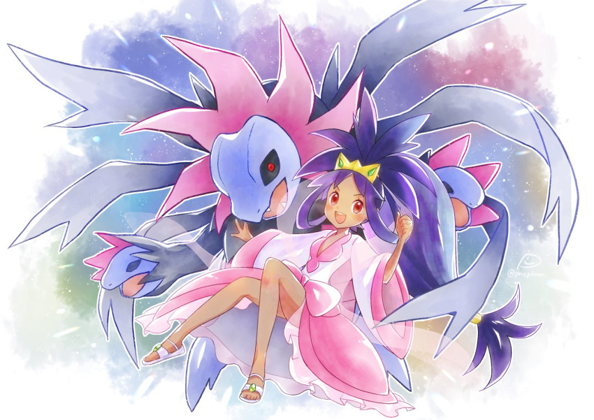 1girl, :d, bangs, big_hair, blush, clenched_hand, commentary_request, dark_skin