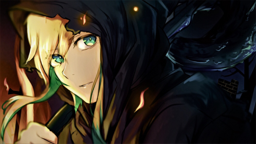 1girl, aimusu, amano_pikamee, axe, blonde_hair, cloak, close-up, colored_inner_hair