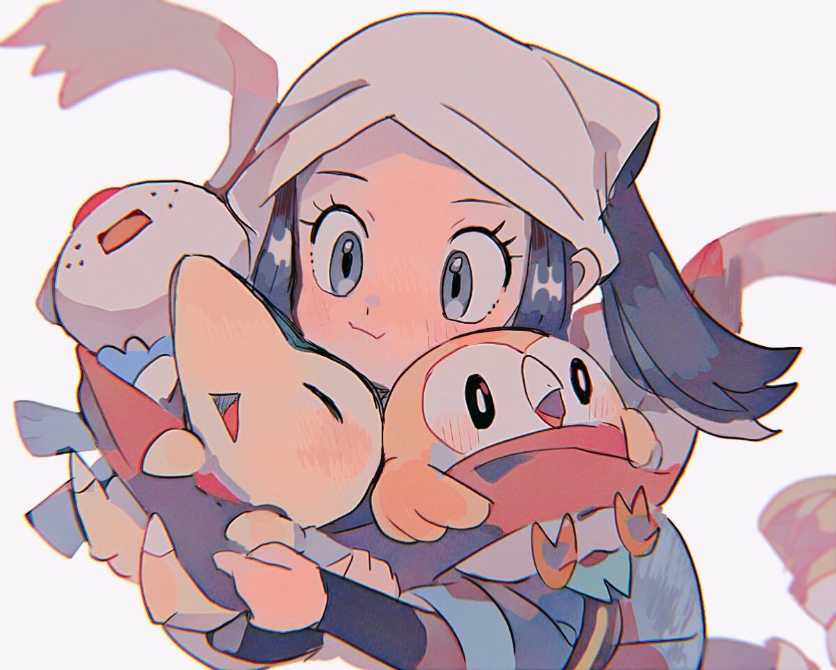 1girl, blue_hair, blush, cheek_press, cyndaquil, female_protagonist_(pokemon_legends:_arceus), floating_scarf, gen_2_pokemon