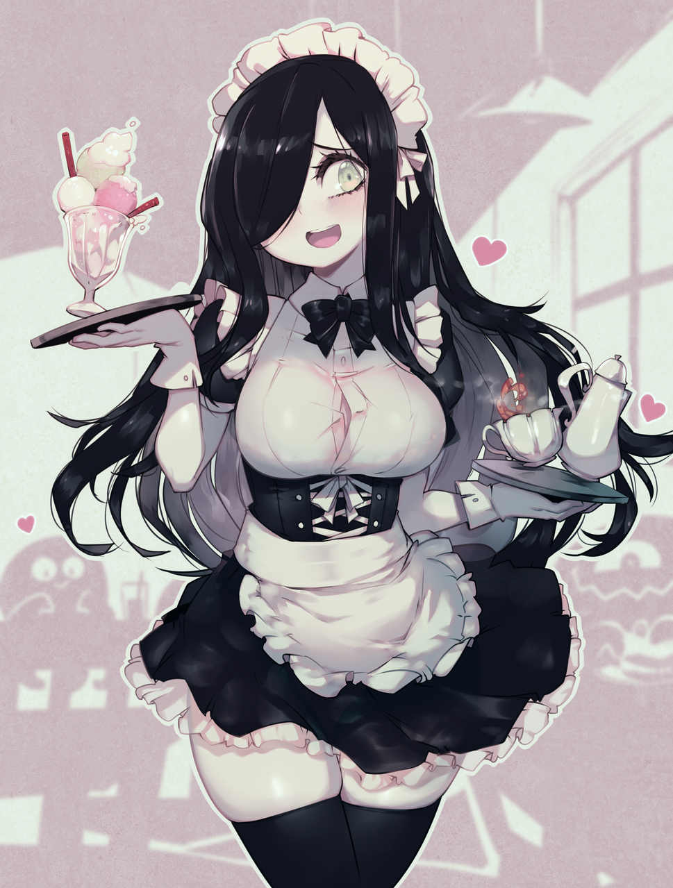 1girl, :d, apron, aria_wintermint, black_bow, black_hair, blush, bow