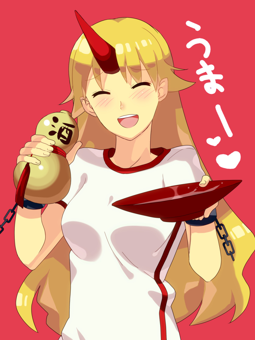 blonde_hair, blush, bottle, breasts, closed_eyes, cuffs, garigarigari, gourd