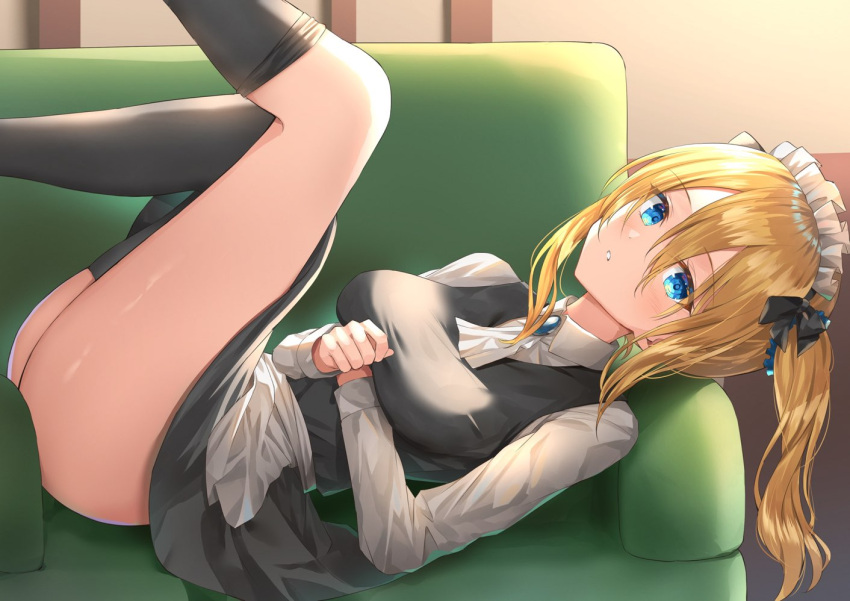 1girl, apron, arms_under_breasts, ass, bangs, black_bow, black_dress, black_legwear