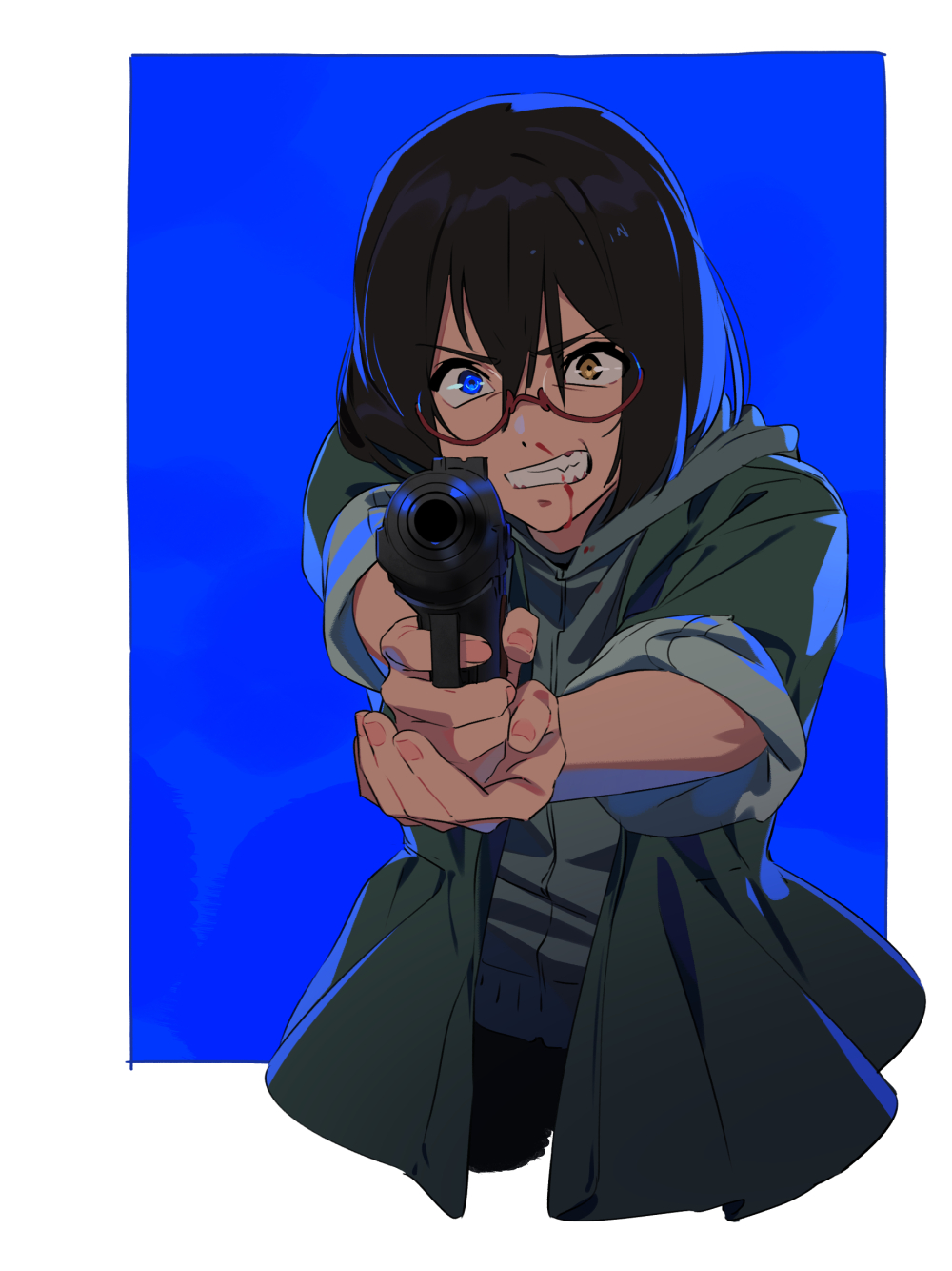 1girl, black_hair, blood, blue_background, coat, finger_on_trigger, glasses, gun