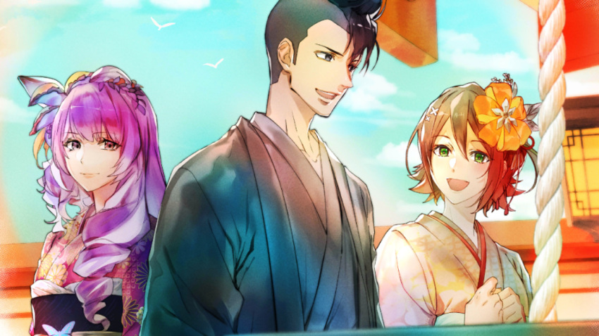 1boy, 2girls, black_hair, flower, game_cg, green_eyes, grey_eyes, hair_flower