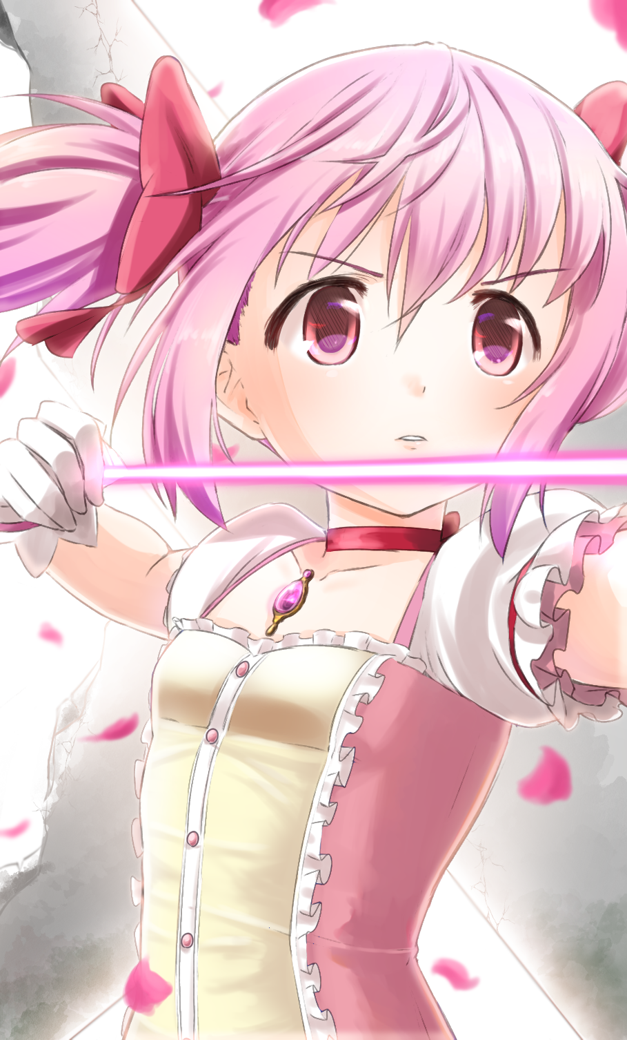 1girl, bow, bow_(weapon), gloves, hair_ribbon, highres, kaname_madoka, magical_girl