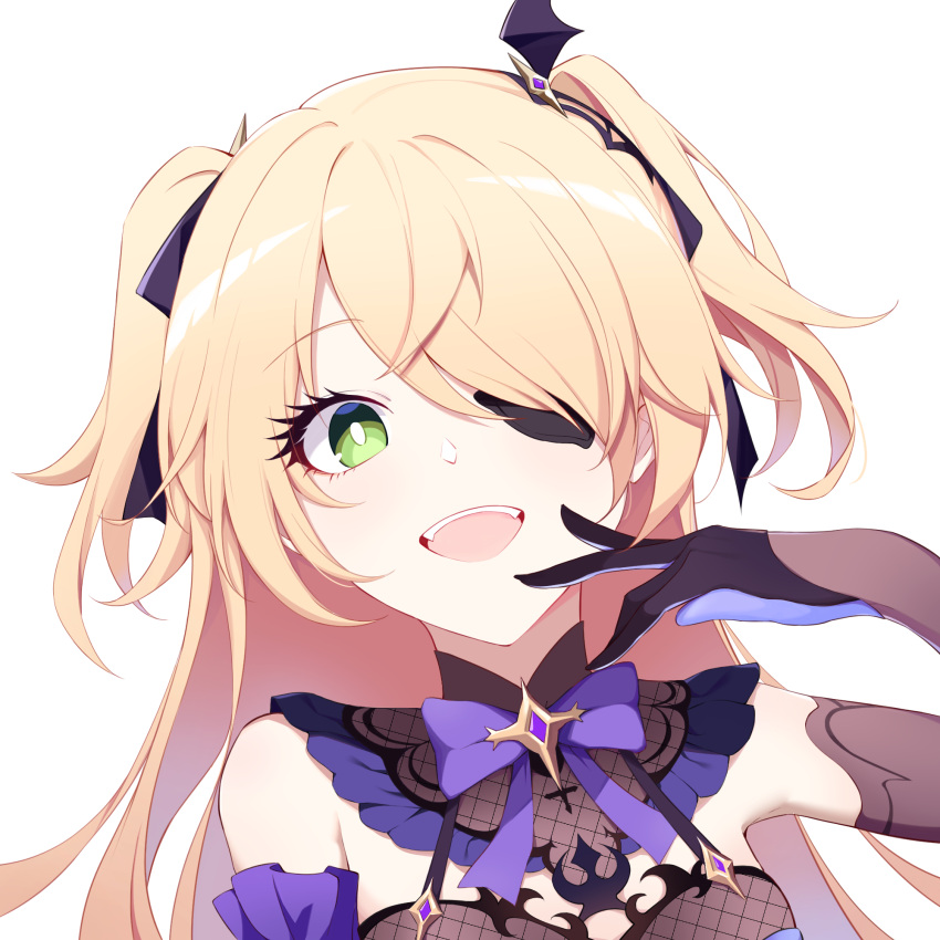 1girl, bangs, bare_shoulders, black_gloves, blonde_hair, blush, bow, breasts, elbow_gloves, eyepatch, fischl_(genshin_impact), genshin_impact, gloves, green_eyes, hair_over_one_eye, highres, long_hair, looking_at_viewer, medium_breasts, open_mouth, purple_bow, purple_neckwear, ranshangchen, simple_background, smile, two_side_up, white_background
