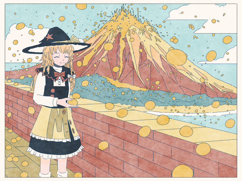 1girl, azusa_(cookie), bangs, beach, black_capelet, black_headwear, black_skirt, black_vest, blonde_hair, blouse, blue_sky, border, bow, bowtie, braid, brick_wall, buttons, capelet, closed_eyes, closed_mouth, clouds, commentary_request, cookie_(touhou), eruption, feet_out_of_frame, food, forest, frilled_capelet, frilled_skirt, frills, fruit, gomamiso_dango, hair_bow, hat, hat_ribbon, highres, holding, holding_food, holding_fruit, kirisame_marisa, long_hair, mandarin_orange, nature, outdoors, red_bow, red_star, ribbon, side_braid, single_braid, skirt, sky, smile, socks, solo, standing, star_(symbol), touhou, vest, volcano, water, white_blouse, white_border, white_bow, white_legwear, witch_hat, yellow_ribbon