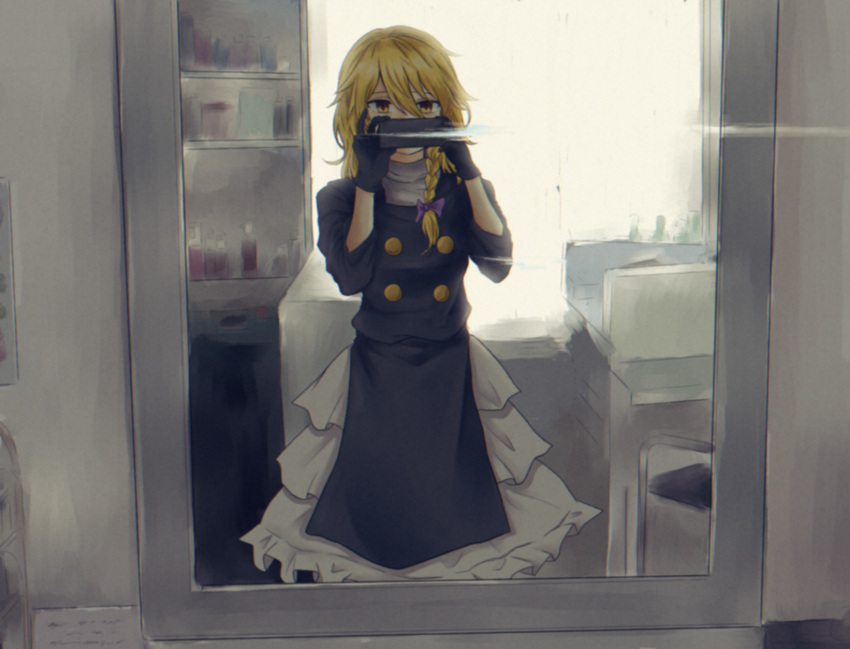 1girl, bangs, black_gloves, black_jacket, black_skirt, blonde_hair, bow, braid, brown_eyes, commentary_request, cookie_(touhou), feet_out_of_frame, gloves, hair_between_eyes, hair_bow, highres, holding, holding_phone, indoors, jacket, kirisame_marisa, long_hair, looking_at_viewer, mirror, mumu_(0x3777), petticoat, phone, purple_bow, rei_(cookie), selfie, shirt, side_braid, single_braid, skirt, solo, standing, touhou, turtleneck, white_shirt