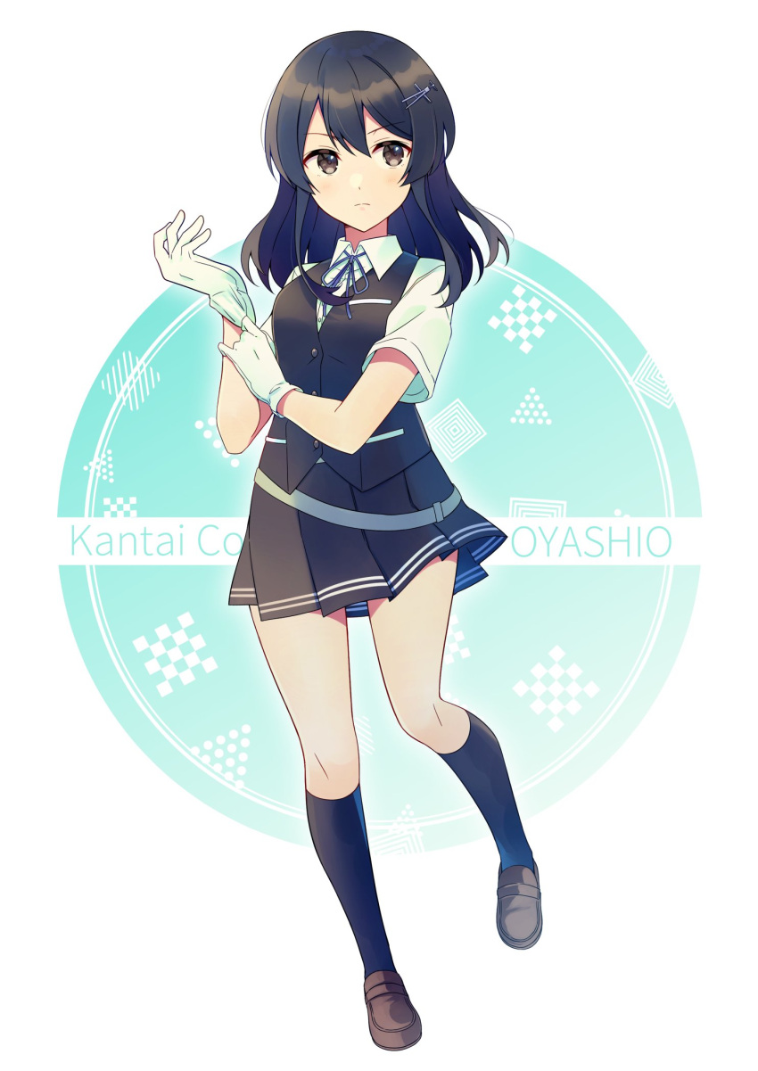 1girl, black_eyes, black_hair, black_legwear, black_skirt, black_vest, blue_ribbon, brown_footwear