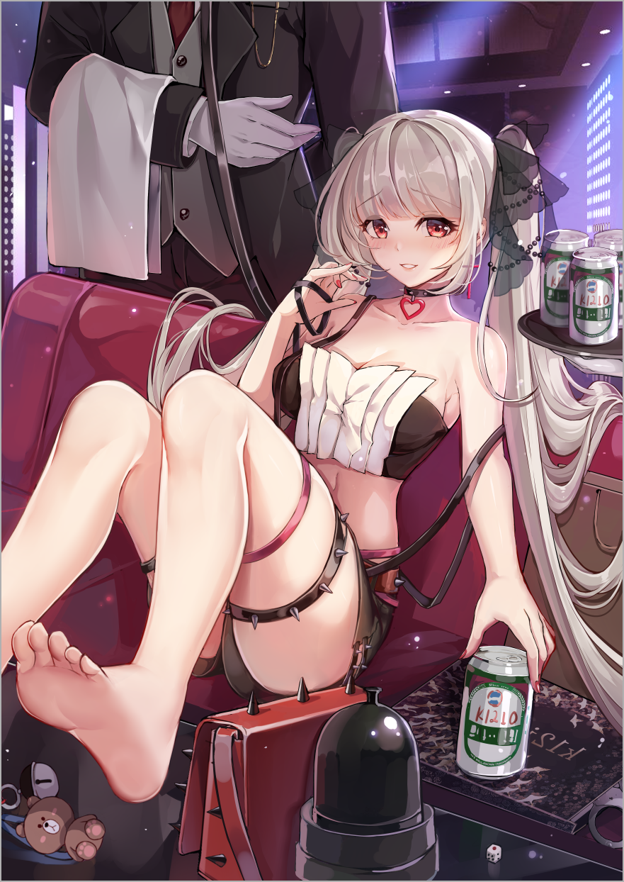 1boy, 1girl, alternate_costume, artist_name, azur_lane, bag, beer_can, black_choker