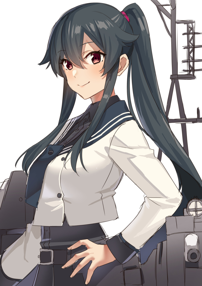 1girl, akagi_kurage, belt, black_belt, black_hair, black_sailor_collar, black_shirt, buttons, closed_mouth, collared_shirt, cosplay, eyebrows_visible_through_hair, hair_between_eyes, highres, kantai_collection, long_hair, long_sleeves, machinery, noshiro_(kancolle), noshiro_(kancolle)_(cosplay), red_eyes, rigging, sailor_collar, shirt, simple_background, smile, solo, white_background, yahagi_(kancolle)