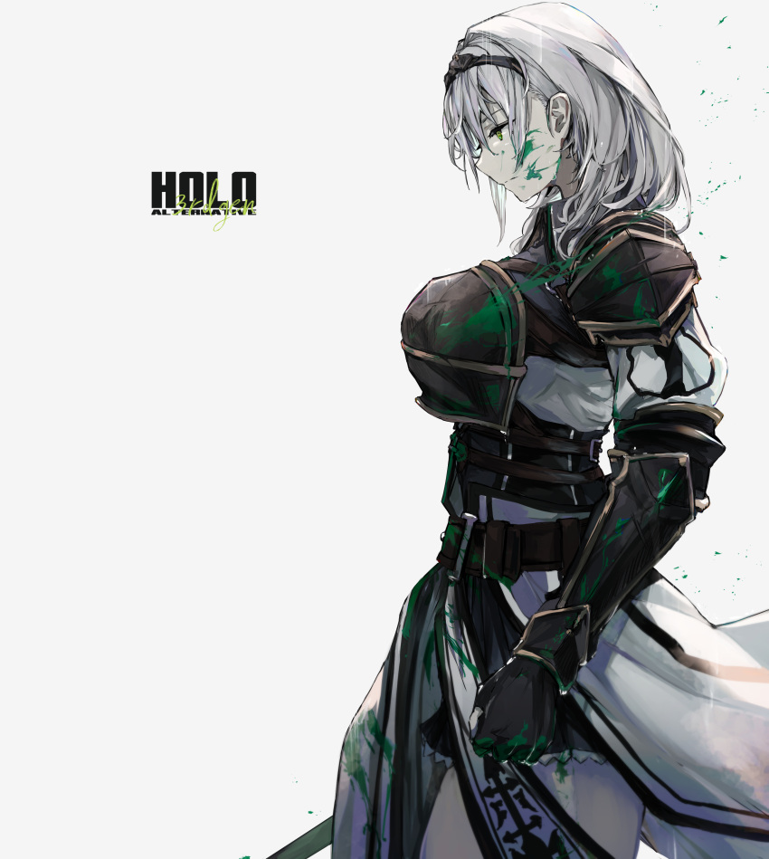 1girl, absurdres, armor, black_gloves, black_headband, blood, blood_on_face, bloody_clothes