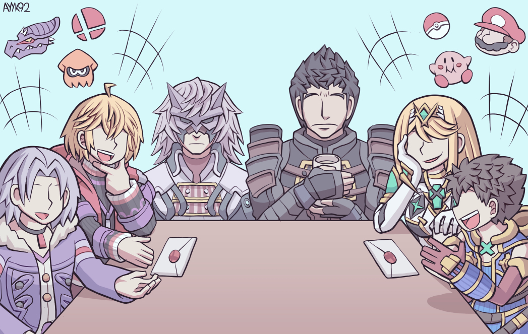 1girl, 5boys, alvis_(xenoblade), armor, ayyk92, bangs, black_hair, blonde_hair