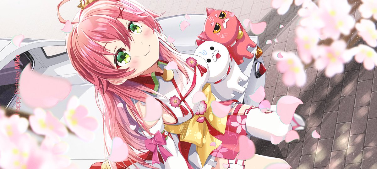 1girl, 2others, ahoge, bell, blush, breasts, cherry_blossoms, detached_sleeves