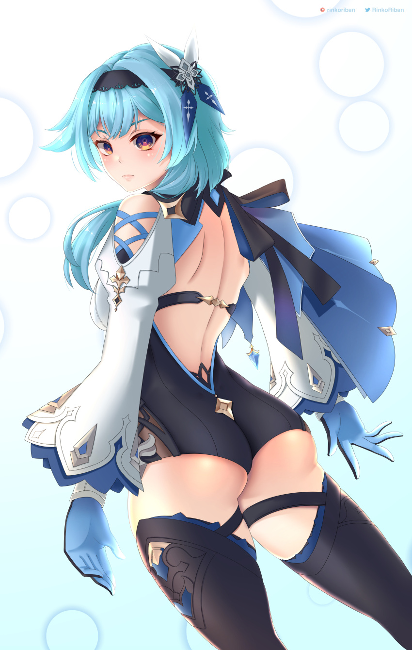 1girl, absurdres, aqua_hair, ass, backless_leotard, black_legwear, closed_mouth, eula_(genshin_impact)