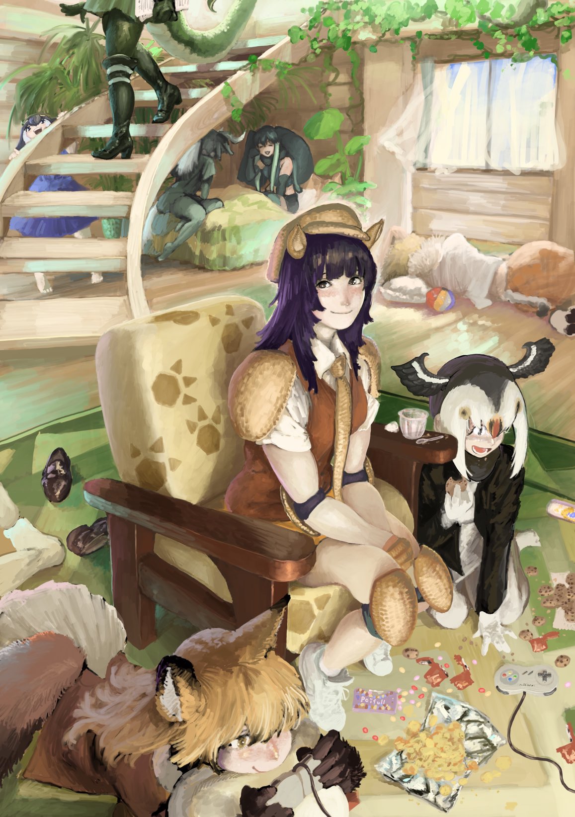 6+girls, african_elephant_(kemono_friends), animal_ears, arm_rest, arm_support, armadillo_ears, armadillo_girl, armchair