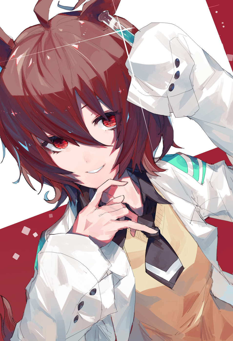 1girl, agnes_tachyon, ahoge, animal_ears, bangs, black_neckwear, black_shirt, bob_cut