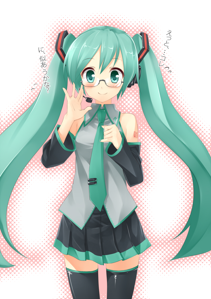 blush, detached_sleeves, glasses, green_eyes, green_hair, hatsune_miku, long_hair, necktie