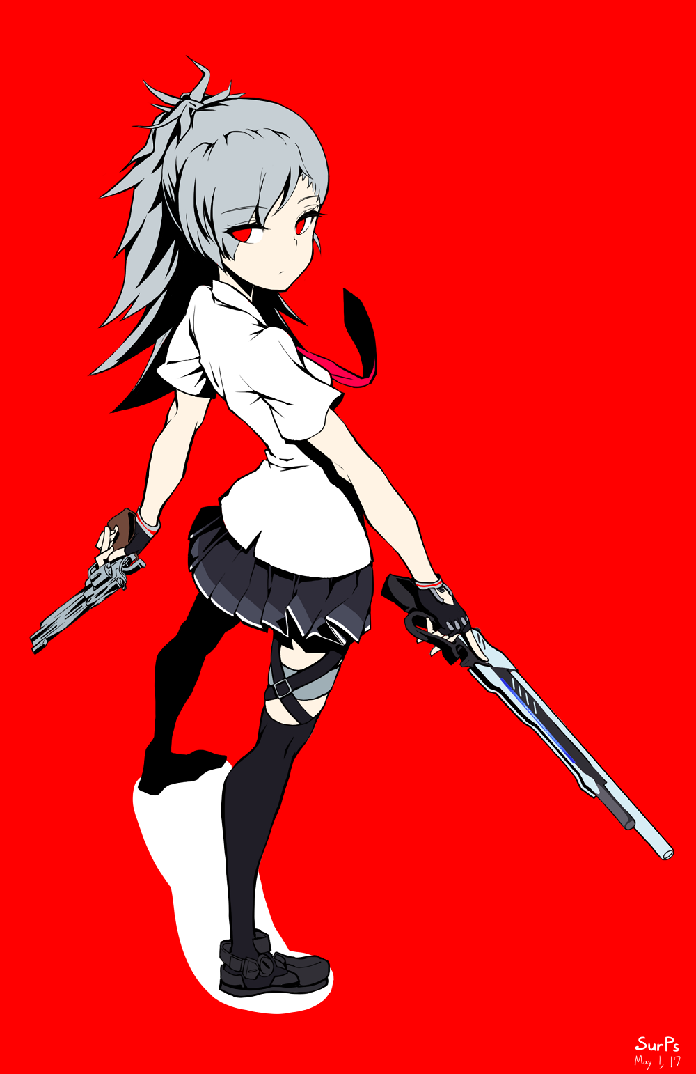 1girl, artist_name, black_legwear, breasts, closers, colored_skin, dated, dress_shirt