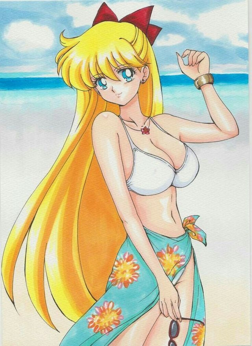 aino_minako, bikini, bishoujo_senshi_sailor_moon, blonde_hair, bow, bra, glasses, glasses_off