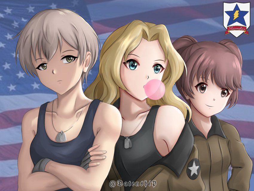 3girls, alisa_(girls_und_panzer), american_flag, bangs, blonde_hair, blue_eyes, brown_eyes, brown_hair