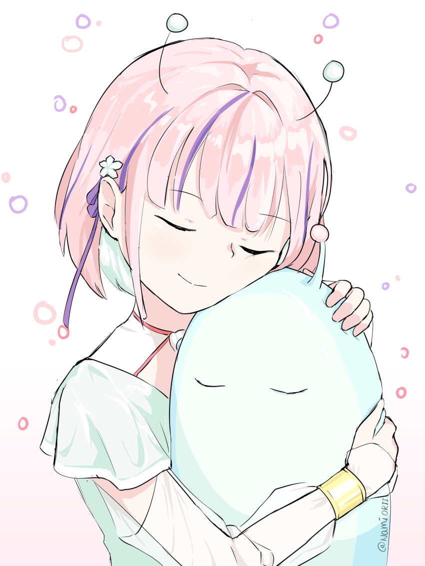 1girl, absurdres, antennae, artist_name, closed_eyes, detached_sleeves, english_text, flower