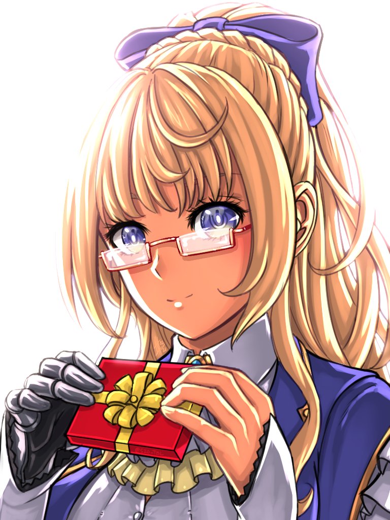 1girl, bangs, blonde_hair, blue_bow, blue_eyes, bow, box, bright_pupils