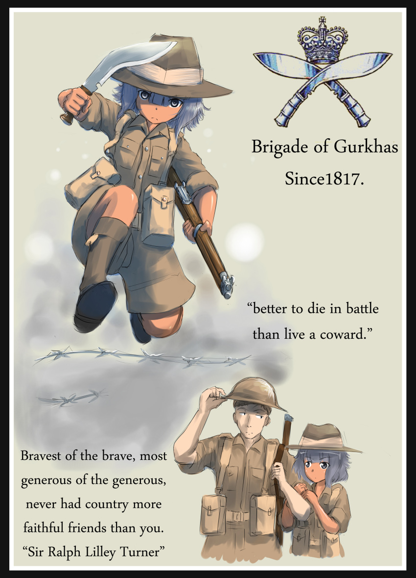 1boy, 1girl, absurdres, ankle_boots, arm_hug, barbed_wire, boots, border, brown_hair, dark_skin, dark-skinned_female, english_text, erica_(naze1940), eye_contact, frown, gun, gurkha, hand_on_headwear, helmet, highres, jumping, kneehighs, knife, kukri, lee-enfield, load_bearing_equipment, looking_at_another, looking_to_the_side, military, military_uniform, original, purple_hair, rifle, serious, short_hair, shorts, sketch, sleeves_rolled_up, soldier, uniform, upper_body, weapon, world_war_ii