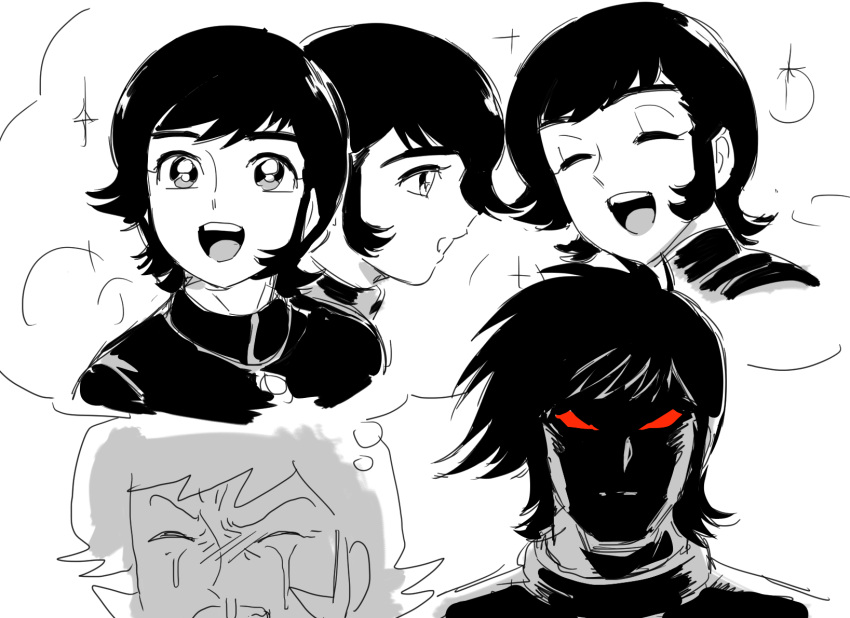 2boys, angry, asuka_ryou, colored_sclera, comparison, devilman, fudou_akira, gakuran