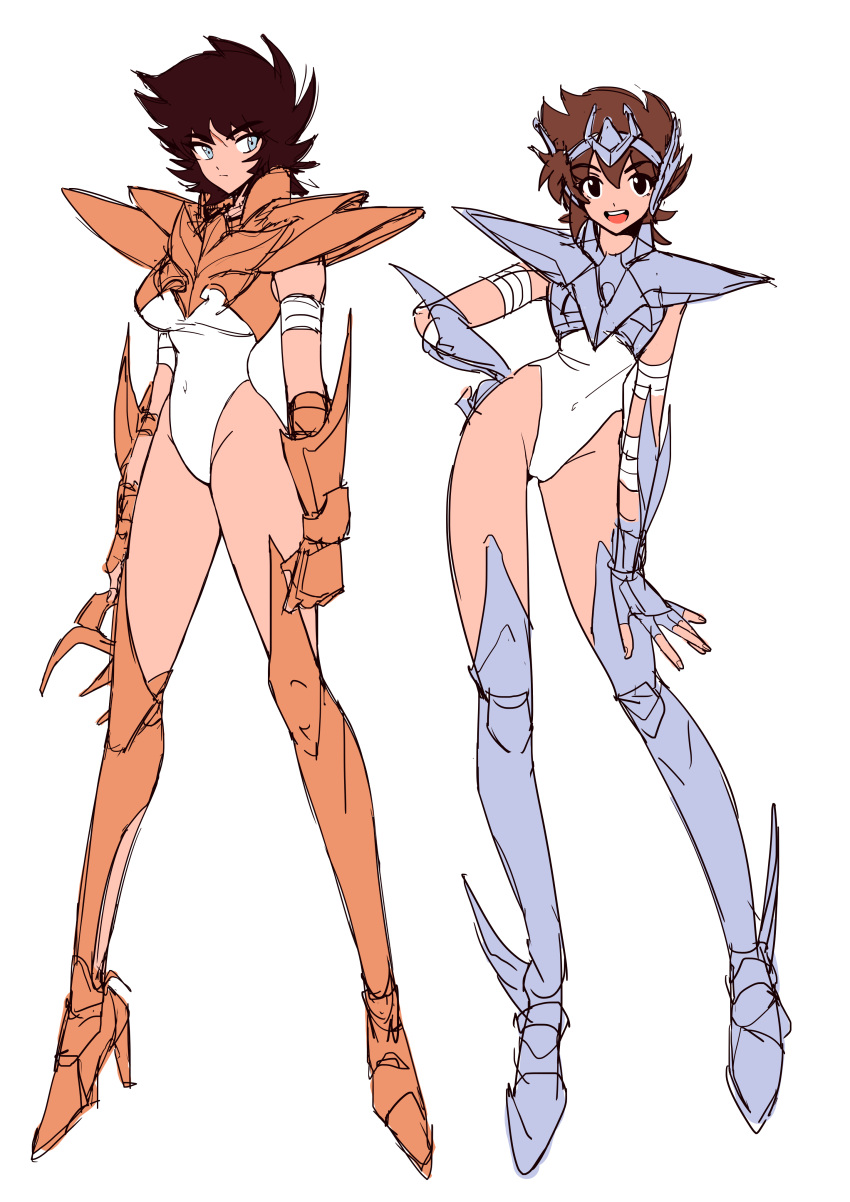 2girls, absurdres, armored_boots, boots, brown_eyes, brown_hair, full_body, gemini_saga, genderswap, genderswap_(mtf), hand_on_hip, highres, leotard, looking_at_viewer, multiple_girls, pegasus_seiya, saint_seiya, scar, smile, spiky_hair, thirty_8ght