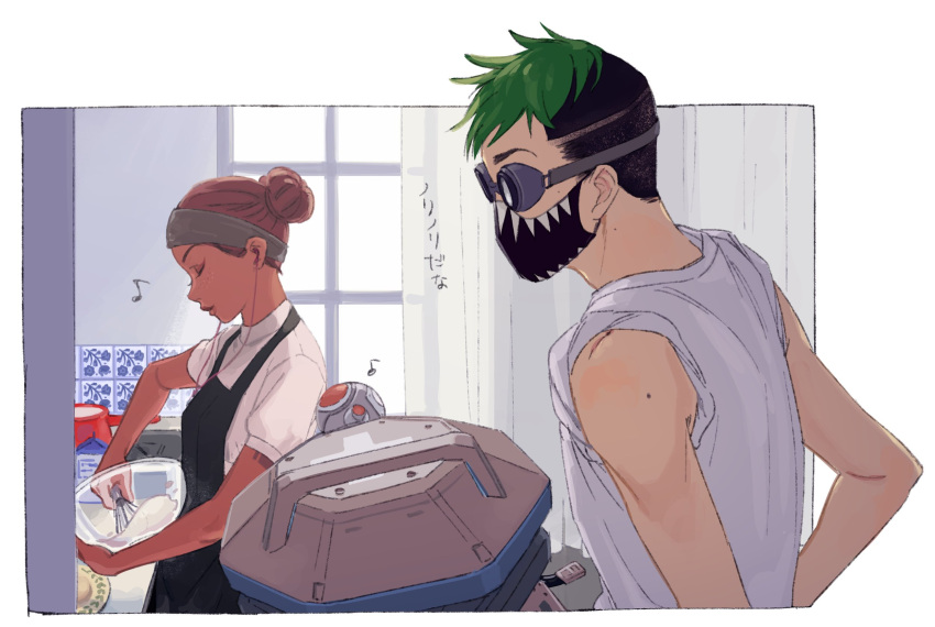 1boy, 1girl, 2gou, apex_legends, baking, bow, bowl, closed_eyes, couple, d.o.c._health_drone, double_bun, drone, earphones, goggles, green_hair, grey_headband, grey_shirt, hair_behind_ear, highres, holding, holding_bow, lifeline_(apex_legends), looking_to_the_side, mole_on_arm, octane_(apex_legends), redhead, science_fiction, shirt, sleveless_shirt, undercut, window