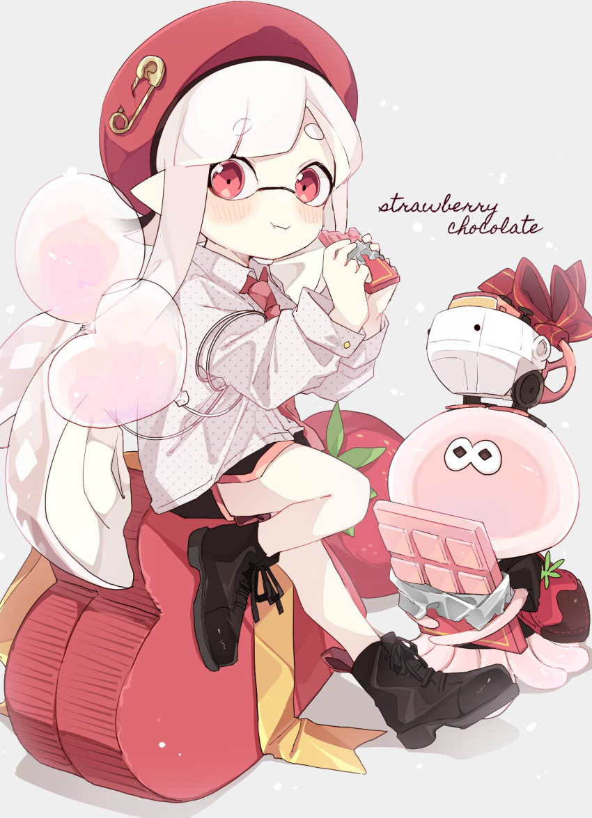 1girl, 1other, :t, ankle_boots, autobomb_(splatoon), bangs, beret, black_footwear