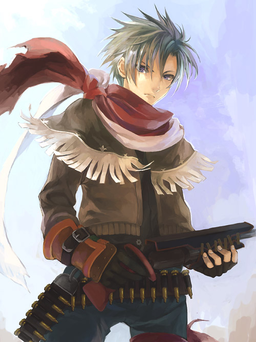 gun, jet_enduro, kaito_(sawayakasawaday), male, poncho, scarf, solo, weapon